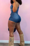 Blue Sexy Solid Color Zipper O Neck Skinny Rompers