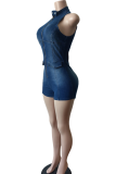 Blue Sexy Solid Color Zipper O Neck Skinny Rompers