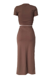 Black Elegant Solid Color Draw String O Neck Short Sleeve Two Pieces