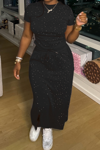 Black Elegant Solid Color Draw String O Neck Short Sleeve Two Pieces