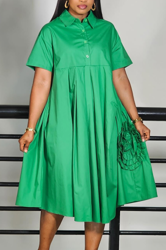 Green Casual Solid Color Buckle Flower Shape Turndown Collar Long Dresses