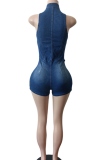 Blue Sexy Solid Color Zipper O Neck Skinny Rompers