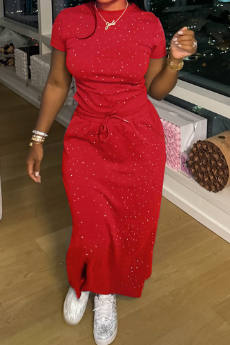 Red Elegant Solid Color Draw String O Neck Short Sleeve Two Pieces