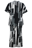 Black Casual Print O Neck Plus Size Two Pieces