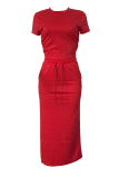 Black Elegant Solid Color Draw String O Neck Short Sleeve Two Pieces