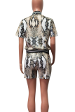 Snake Print Sexy Snakeskin Print Zipper Zipper Collar Short Sleeve Two Pieces