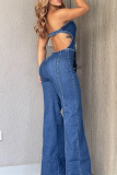 The cowboy blue Sexy Solid Color Backless Strapless Regular Jumpsuits