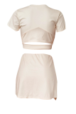 Apricot Sexy Solid Color Slit O Neck Short Sleeve Two Pieces