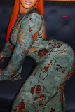 Green Sexy Print Slit O Neck Long Dresses