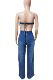 The cowboy blue Sexy Solid Color Backless Strapless Regular Jumpsuits