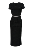 Black Elegant Solid Color Draw String O Neck Short Sleeve Two Pieces