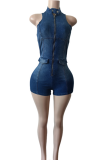 Blue Sexy Solid Color Zipper O Neck Skinny Rompers