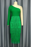 Green Elegant Solid Color Fringed Trim Pearls Decor Oblique Collar Evening Dresses