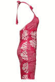 Rose Red Sexy Print Backless Ruched Halter Wrapped Skirt Dresses