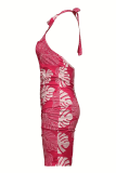 Rose Red Sexy Print Backless Ruched Halter Wrapped Skirt Dresses