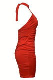 Red Sexy Solid Color Backless Ruched O Neck Wrapped Skirt Dresses