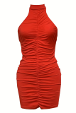Red Sexy Solid Color Backless Ruched O Neck Wrapped Skirt Dresses