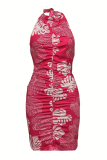 Rose Red Sexy Print Backless Ruched Halter Wrapped Skirt Dresses