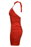 Red Sexy Solid Color Backless Ruched O Neck Wrapped Skirt Dresses