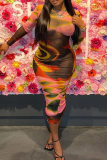 Pink Sexy Print See-Through O Neck Wrapped Skirt Dresses