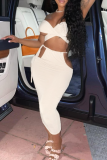 White Sexy Solid Color Hollow Out Halter Long Dresses