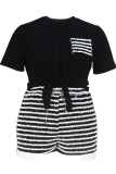 Black Casual Stripe Strap Design V Neck Plus Size Two Pieces