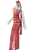 Red Sexy Print Strapless Long Dresses