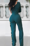 Green Casual Sequins Oblique Collar Regular Jumpsuits