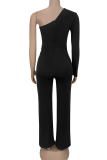 Green Casual Sequins Oblique Collar Regular Jumpsuits