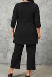 Black Casual Daily Solid Color Patchwork O Neck Three Quarter Two Pieces