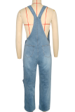 Blue Casual Solid Color Zipper Spaghetti Strap Sleeveless Regular Denim Jumpsuits