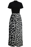 Black Casual Print O Neck Short Sleeve Two Pieces