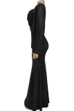 Black Elegant Solid Color Hot Drill Asymmetrical Collar Long Dresses