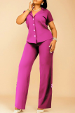 Purple Casual Solid Color Buckle Turndown Collar Plus Size Two Pieces