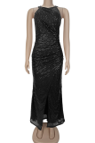 Black Elegant Solid Color Sequins Slit O Neck Long Dresses