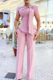 Pink Elegant Solid Color Strap Design O Neck Short Sleeve Two Pieces