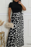 Black Casual Print O Neck Short Sleeve Two Pieces
