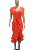 Orange Elegant Solid Color Strap Design Flounce V Neck Irregular Dresses