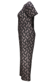 Brown Casual Daily Print O Neck Plus Size Two Pieces