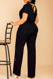 Purple Casual Solid Color Buckle Turndown Collar Plus Size Two Pieces