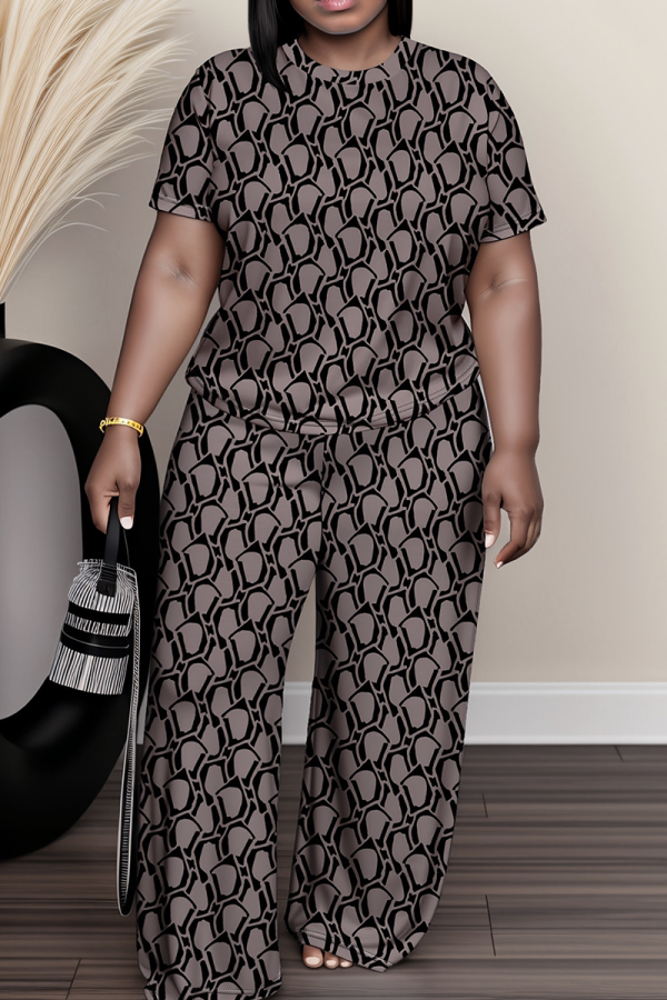 Brown Casual Daily Print O Neck Plus Size Two Pieces