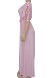 Pink Casual Solid Color Hollow Out Draw String V Neck Loose Jumpsuits