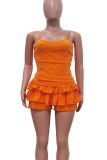 Orange Sexy Solid Color Flounce Spaghetti Strap Sleeveless Two Pieces