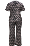 Brown Casual Daily Print O Neck Plus Size Two Pieces