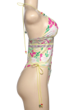 Yellow Sexy Print Strap Design Spaghetti Strap Sleeveless Two Pieces