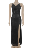 Black Sexy Solid Color Sequins High Slit Spaghetti Strap Long Dresses