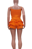 Orange Sexy Solid Color Flounce Spaghetti Strap Sleeveless Two Pieces