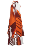 Brown Casual Print O Neck Sleeveless Two Pieces