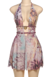 Colour Sexy Print Backless Halter Printed Dresses