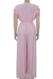 Pink Casual Solid Color Hollow Out Draw String V Neck Loose Jumpsuits